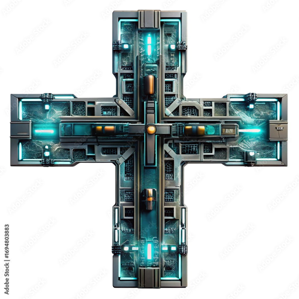 Fototapeta premium futuristic cross structure with intricate mechanical details and glowing lights