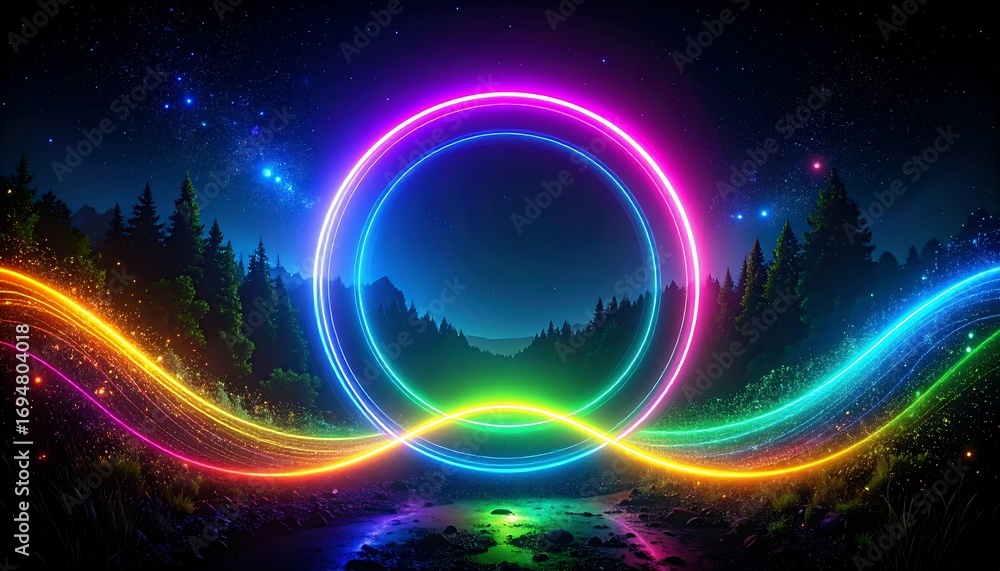 Obraz premium Colorful rings over a night landscape