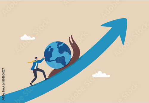 Global economic slowdown, world GDP growth decline or sluggish, recession or growth slowing down concept, businessman pushing slow snail with the earth on GDP growing arrow metaphor of world economy.