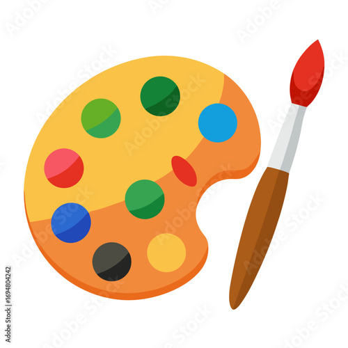 Wooden palette with colorful paints and brush artist vector on white background.