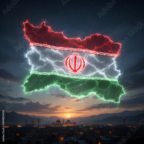 Wallpaper Mural Energetic map-flag of Iran with lightning hovers over an Islamic city at sunset. Torontodigital.ca