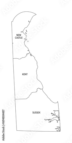 State of Delaware, outline map. U.S. state in the Mid-Atlantic and Northeastern region of United States, subdivided into the 3 counties New Castle, Kent, and Sussex. Map with borders and county names.