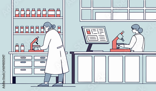 A modern hospital laboratory with lab technicians in white coats working with microscopes and test tubes. Shelves are filled with chemical bottles and lab equipment. A computer is displaying medical d