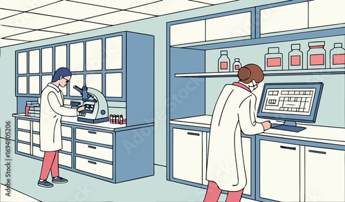 A modern hospital laboratory with lab technicians in white coats working with microscopes and test tubes. Shelves are filled with chemical bottles and lab equipment. A computer is displaying medical d