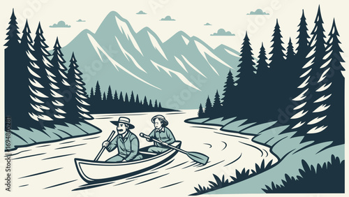 Couple Kayaking in River with Mountains and Pine Trees – Vector Illustration of Outdoor Travel and Adventure Lifestyle