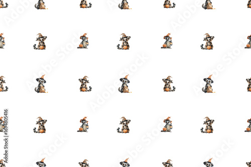 Seamless Halloween pattern with cute lemurs in witch hats flying on broomsticks, holding pumpkins, cauldrons, lanterns, and surrounded by spooky candy, lollipops, and festive holiday decorations.