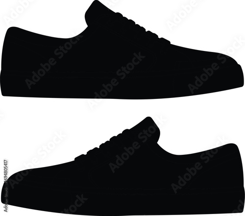 Sneaker silhouette illustration, low-top shoe design, black footwear icons, fashion accessory vector, casual style, side profile view
