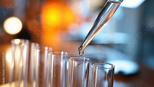Close up of a pipette dripping liquid into test tubes in a laboratory setting for scientific research experiments.
