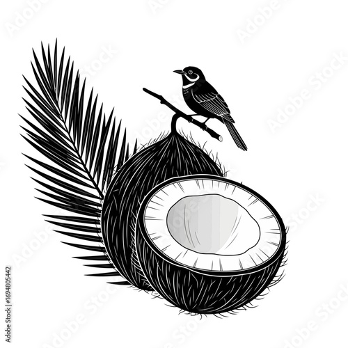 Bird on branch with coconut and palm frond silhouette isolated on white background
