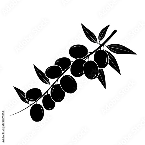 Black silhouette of an olive branch with olives isolated on white background