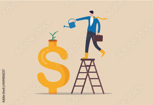 Growth investment, saving and financial prosperity, money increase or profit from growing business concept, businessman investor watering sprout or seedling plant growing from golden dollar sign