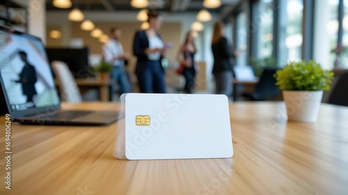 Wallpaper Mural Smart Card on Workspace: A close-up shot showcases a blank smart card on a wooden desk, a subtle representation of business and technology in a modern work environment. Torontodigital.ca