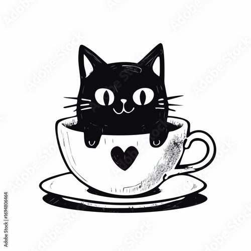 Cat's Cozy Coffee Break: An adorable black cat snuggles contentedly within a warm cup, the delicate ink lines capture a cozy and loving scene.