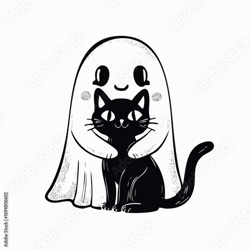 Ghostly Embrace: A whimsical illustration of a friendly ghost tenderly embracing a sleek black cat, exuding an atmosphere of playful companionship.