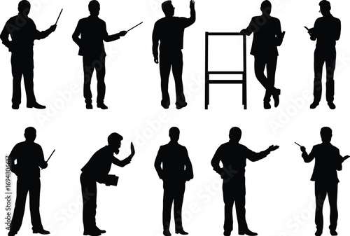 Teacher silhouette, instructor icon, educator figure, classroom pose, speaking gesture, black vector, learning scene, presentation, academic role