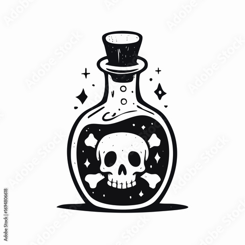 Mysterious Concoction: A minimalist illustration of a captivating poison bottle with a skull and crossbones, brimming with ominous dark liquid, exuding an aura of dark magic and intrigue.