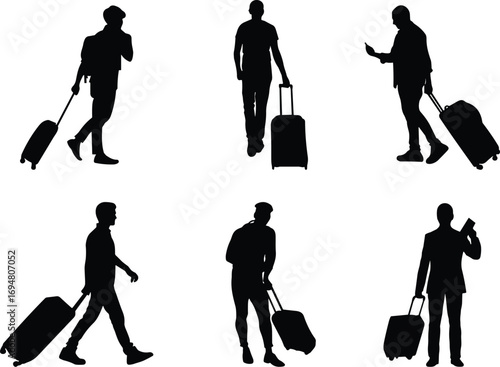 Traveler silhouette collection, walking with suitcase, airport poses, business trip icons, black vector illustration, travel mobility design elements