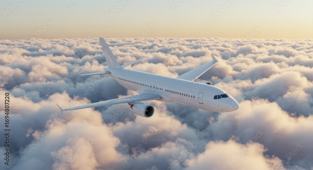 Obraz premium Aerial View of Passenger Airplane Flying Above Fluffy Clouds at Sunset Offering Serene Travel and Aviation Concepts