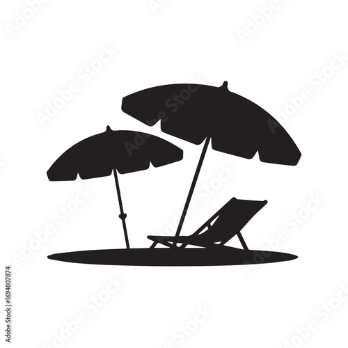 Silhouette of a beach chair and two umbrellas on a sandy shore, representing a relaxing summer vacation