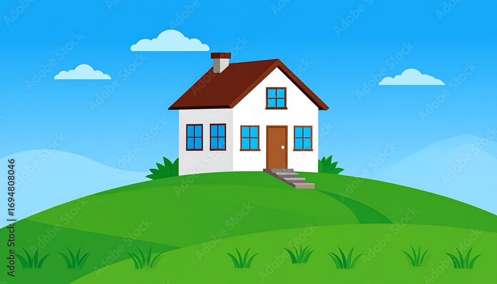 Fototapeta premium A simple, cartoon-style illustration of a cozy house situated on a grassy hill against a bright blue sky.