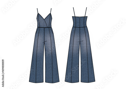 Women Fashion Denim Wrap Front Jumpsuit With Wash Effect, Front & Back view, fashion flat sketch, Editable Flat Technical Drawings Illustration, Jumpsuit Mockup, Jumpsuit CAD