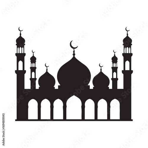 Silhouette of a majestic mosque with domes and minarets, isolated on white background
