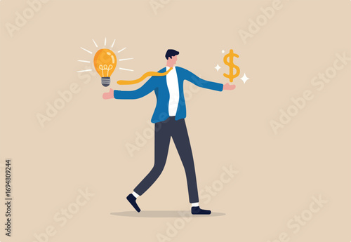 Business idea to make money, innovation and creativity to make profit investment or financial planning concept, smart businessman with lightbulb idea in his hand and money dollar sign on other hand.