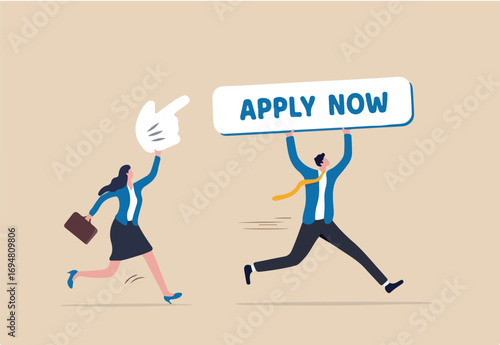 Apply new job online, career opportunity or employment vacancy, job application or opening position concept, businessman holding apply now button and businesswoman with mouse pointer to click. 