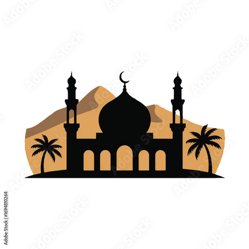 Silhouette of a mosque with minarets and a dome, set against desert dunes and palm trees, symbolizing islamic culture and faith, isolated on white background