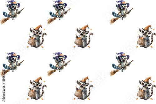 Seamless Halloween pattern with cute lemurs in witch hats flying on broomsticks, holding pumpkins, cauldrons, lanterns, and surrounded by spooky candy, lollipops, and festive holiday decorations.