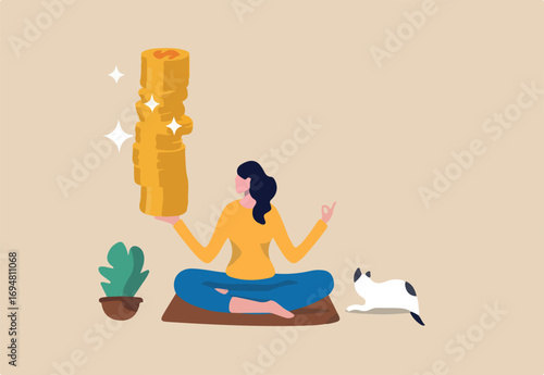 Passive income getting money while doing nothing, financial independence retire early, being wealthy by passive investing concept, young woman sitting relax getting stack of money coins in her hand.