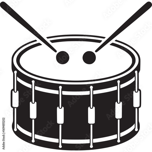 Illustration of a black drum isolated on white background, a percussion instrument used in rock and roll