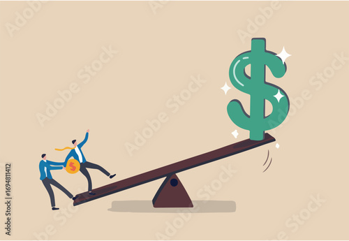 Leverage investing, investor borrow money or stock to increase potential return concept, businessmen investor borrow money coin from other to use to leverage the seesaw to gain big dollar money sign.
