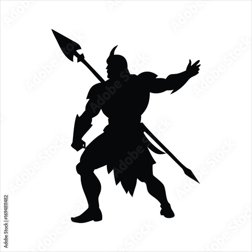 Silhouette of a muscular warrior holding a spear with a sword at his side