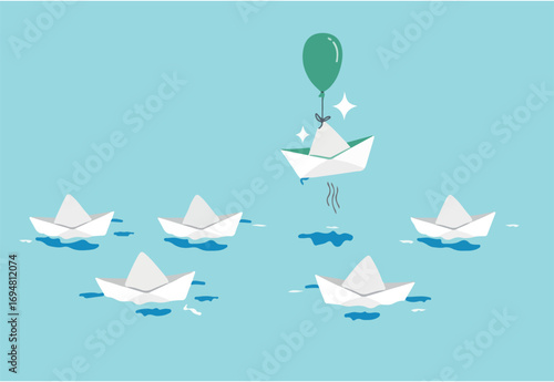 Think different, innovation to change from routine traditional thinking concept, stand out origami paper boat flying with air balloon in different path instead of follow others.