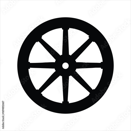 Black silhouette of a spoked wagon wheel on a white background