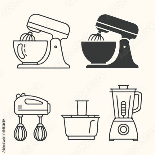 Vector art of set of kitchen mixer icons including stand mixers, hand mixer, and blender