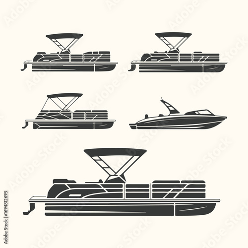 Vector art of collection of boat silhouettes, including pontoon boats and a speed boat, isolated on a light background