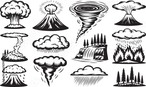 Natural Disaster and Weather Phenomena Black Silhouette on Transparent Background Vector
