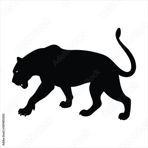 Black silhouette of a panther walking on a white background