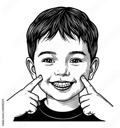 Smiling Little Boy with Fingers on Cheeks Happy Expression Face Black and White Outline Line Art Drawing