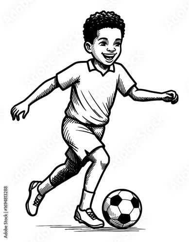 African American Boy Happily Playing Soccer Ball Dribbling in Black and White Outline Line Art Drawing