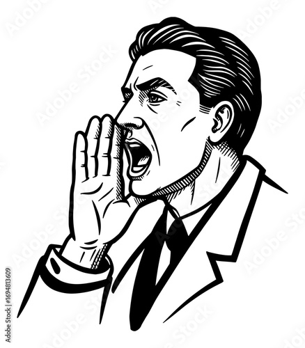 Man Shouting Loudly with Hand Cupped Near Mouth in a Vintage Black and White Outline Line Art Drawing