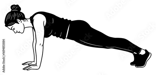 Woman Doing Plank Exercise in Modest Closed Clothes Black and White Outline Line Art Drawing