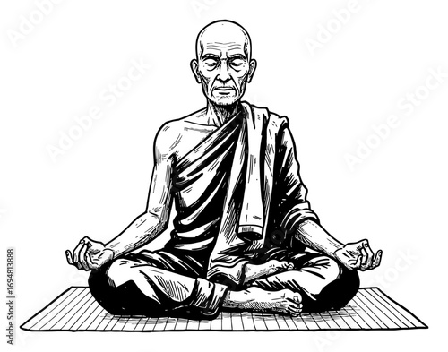 Old Monk Meditating in Lotus Position on Yoga Mat Black and White Outline Line Art Drawing