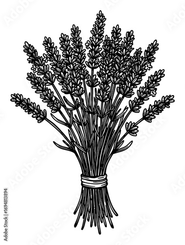 Simple Lavender Flower Bouquet Tied Hand Drawn Black and White Outline Line Art Drawing