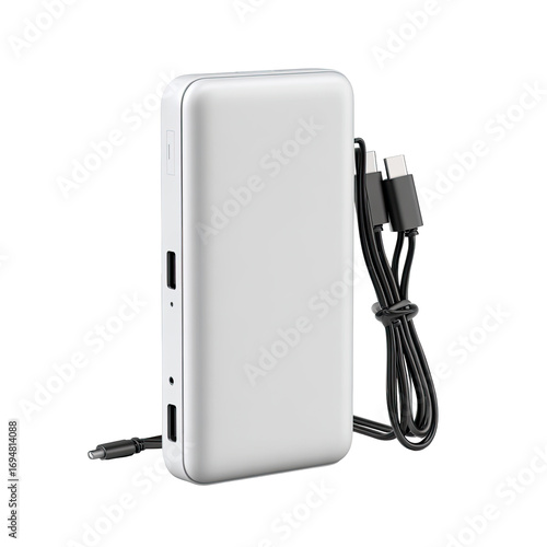 Portable, rectangular, white power bank with two charging ports and a black cable