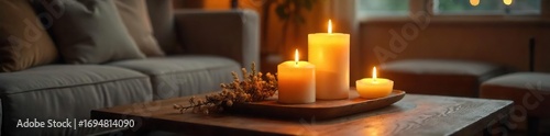 Wallpaper Mural Cozy living room scene with three scented candles burning on a wooden coffee table, casting a warm glow  Perfect for home decor, relaxation, and ambiance themes ,  night,  autumn Torontodigital.ca