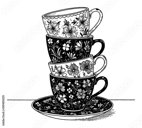 Tall Stacked Tea Cups with Elegant Floral Pattern Black and White Outline Line Art Drawing Illustration