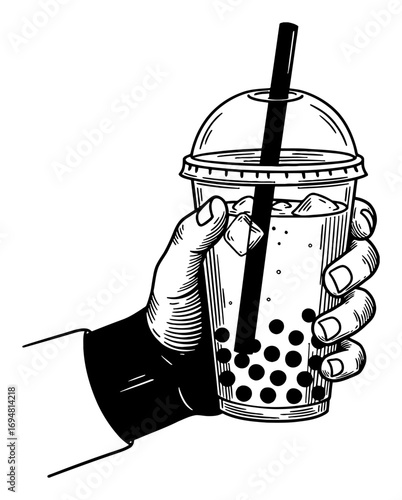 Hand Holding Bubble Tea with Straw and Ice Cubes Black and White Outline Line Art Drawing Vector Illustration